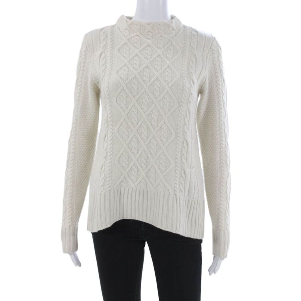 Kinross Cashmere Women Ivory Geometric Mock Neck Pullover Petite Size S